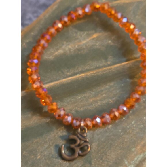 Aurora Borealis Beaded Stretch Bracelet Ohm Charm Yoga Jewelry Orange Brass - Picture 4 of 4